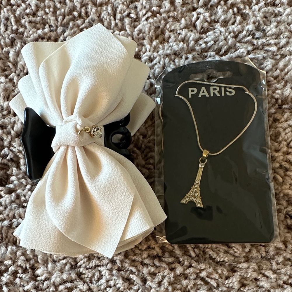 Elegant Cream Hair Clip and Eiffel Tower Necklace Set